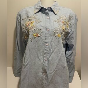 Premier International For Ladies Vintage Denim Chambray Pearl Floral Shirt M